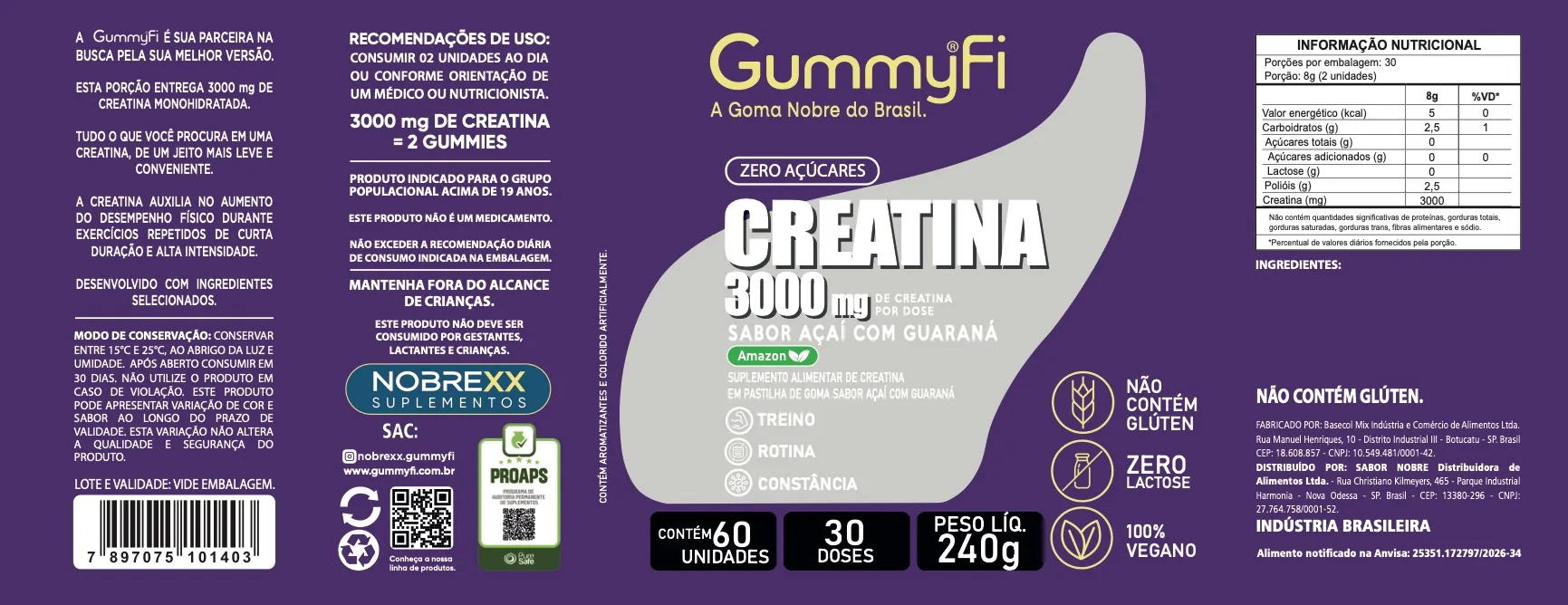 Rótulo completo de Creatina GummyFi 3000 mg Sabor Açaí com Guaraná