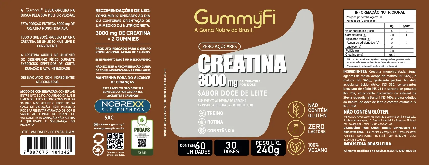 Rótulo completo de Creatina GummyFi 3000 mg Sabor Doce de Leite