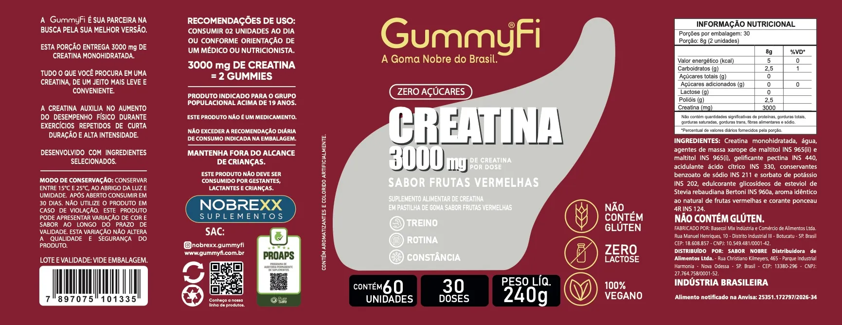 Rótulo completo de Creatina GummyFi 3000 mg Sabor Frutas Vermelhas