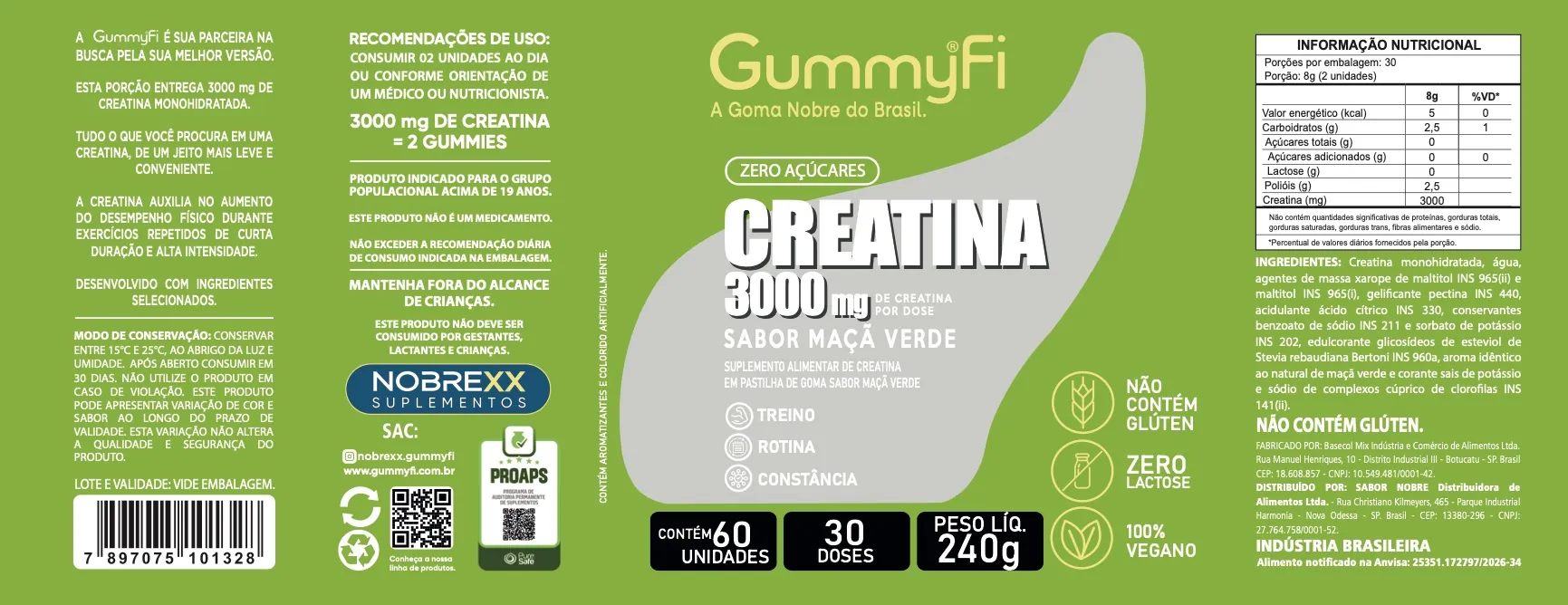Rótulo completo de Creatina GummyFi 3000 mg Sabor Maçã Verde