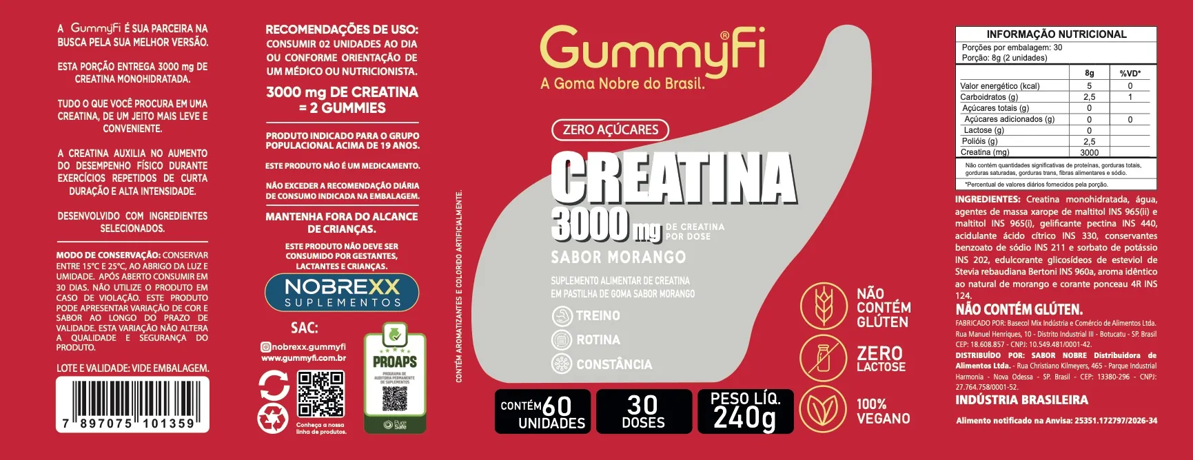 Rótulo completo de Creatina GummyFi 3000 mg Sabor Morango
