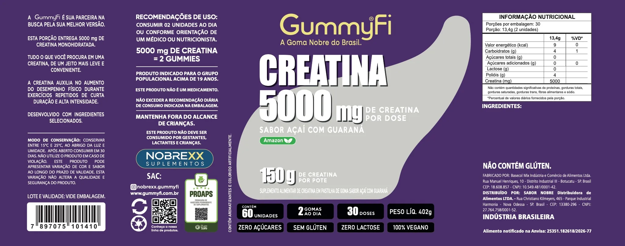 Rótulo completo de Creatina GummyFi 5000 mg Sabor Açaí com Guaraná