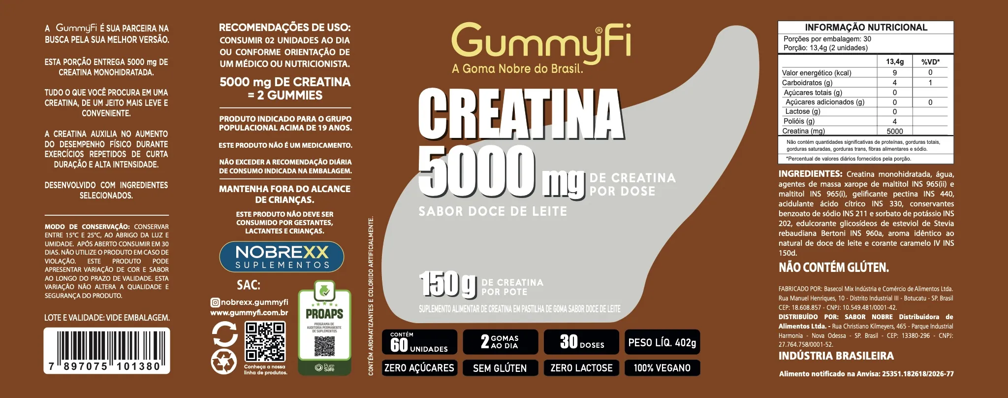 Rótulo completo de Creatina GummyFi 5000 mg Sabor Doce de Leite