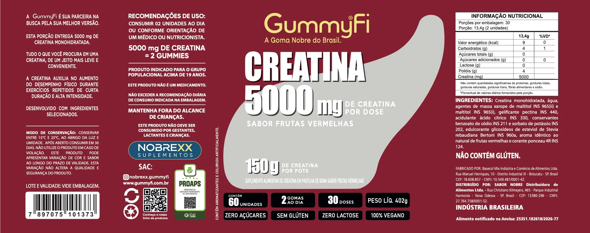 Rótulo completo de Creatina GummyFi 5000 mg Sabor Frutas Vermelhas
