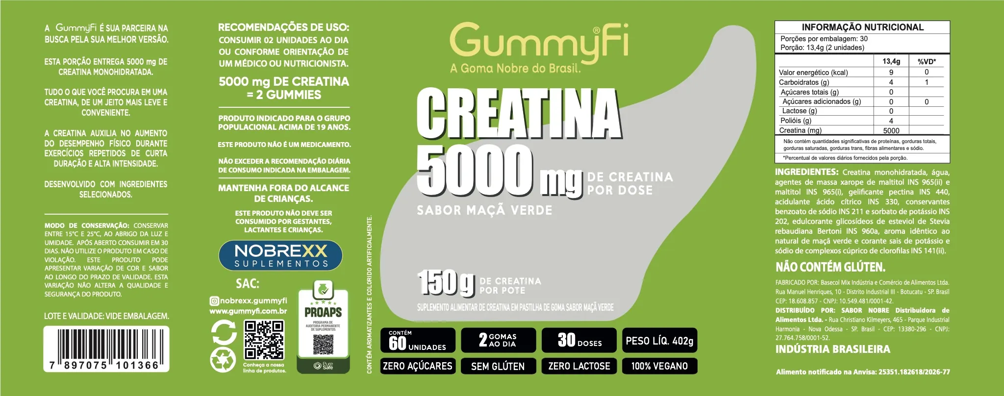 Rótulo completo de Creatina GummyFi 5000 mg Sabor Maçã Verde
