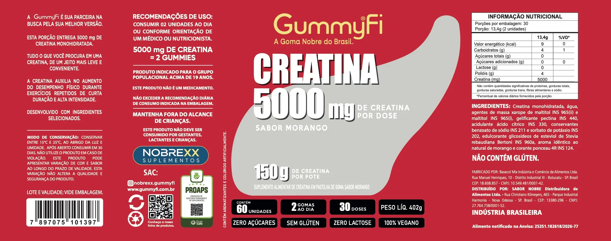 Rótulo completo de Creatina GummyFi 5000 mg Sabor Morango
